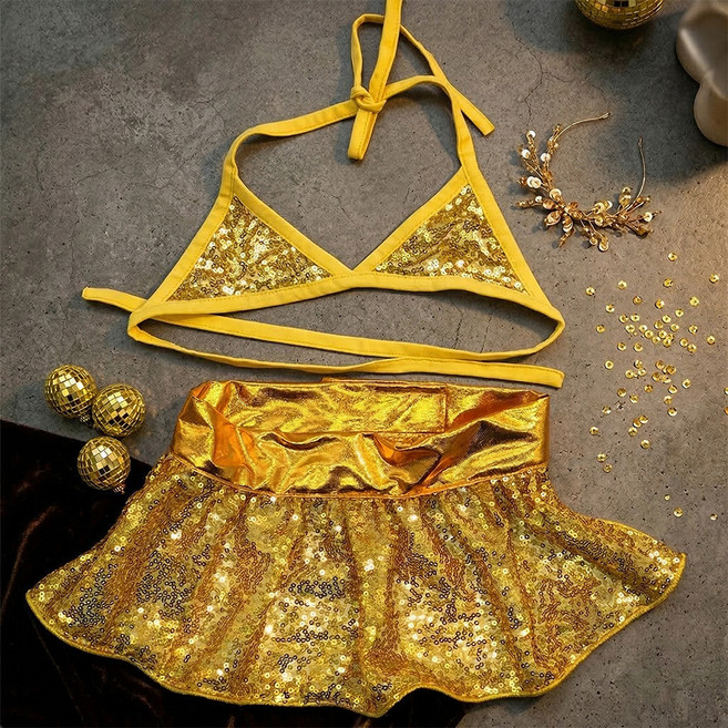 웨이비데이즈 반려동물 스팽글 반짝이 비키니 수영복 W265-0164XS, 골드, 1개