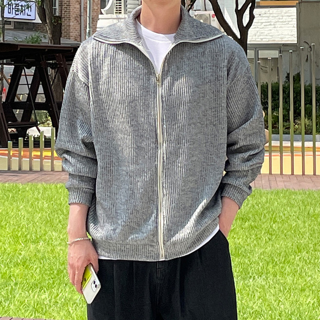 하이넥 골지 니트 집업 T2943