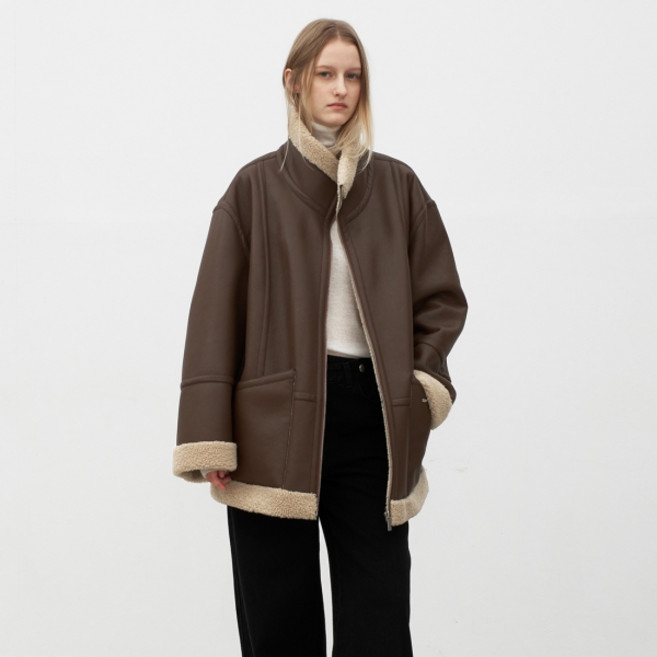 아틀리에나인 여성용 하이넥 리버시블 무스탕 하프 점퍼 JP-593