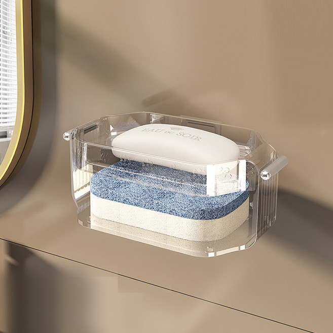 코지웰 벽걸이 이중 물빠짐 비누 거치대 부착식 비누 트레이, 투명, 1개