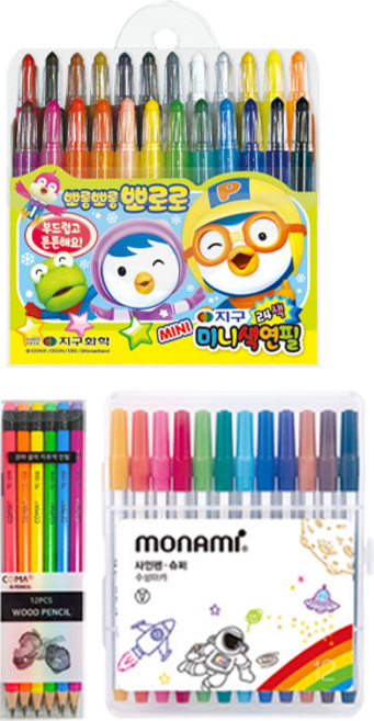 지구화학 뽀로로 미니 색연필 24색 + 투코비 코마 삼각지우개연필 TC-208 B 6종 x 2p + 모나미 슈퍼사인펜 12색 세트, 1세트