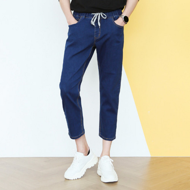 블루포스 남성용 베이직핏 스판 워싱 펠인걸 9부 밴딩 청바지