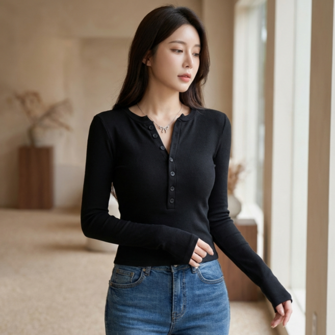 스펠로 여성용 슬림핏 라운드넥 긴팔 티셔츠