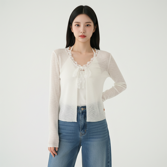 마켓피아 여성용 레이스 브이넥 리본 얇은 가디건