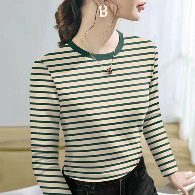 디멜디 여성용 배색 라운드넥 이너 스트라이프 긴팔 티셔츠