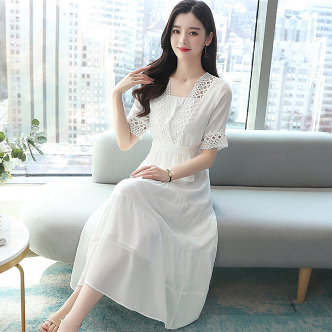 LUNA GIRL Danble 鏤空蕾絲連身裙 含大尺碼, 白色