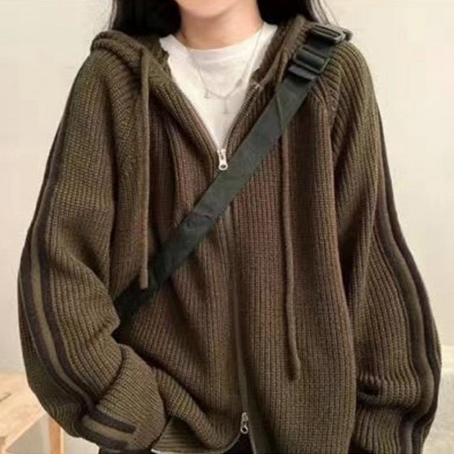 peilit 女士寬鬆版針織連帽雙向拉鍊外套