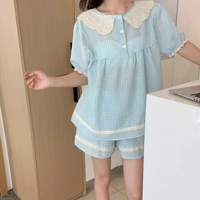 마켓에이 여성용 미엘 체크 반팔 + 바지 파자마 세트