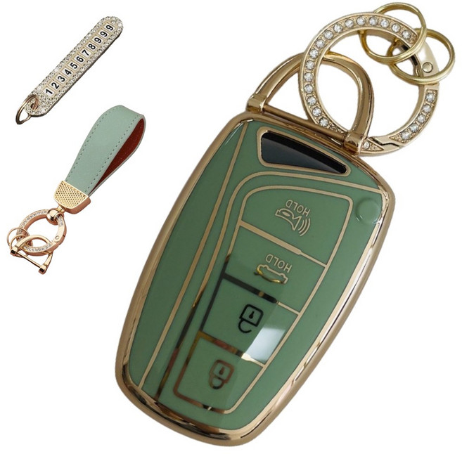 루루형제 현대 호환 자동차 프리미엄 TPU 키 케이스+번호 키링+가죽스트랩, 올리브그린, AH-03