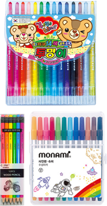 지구화학 투명이 색연필 14색 + 투코비 코마 삼각지우개연필 TC-208 B + 모나미 슈퍼사인펜 12색, 혼합색상, 1세트