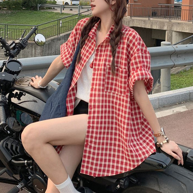 더시럽 여성용 원컬러 깅엄 체크 반팔 셔츠
