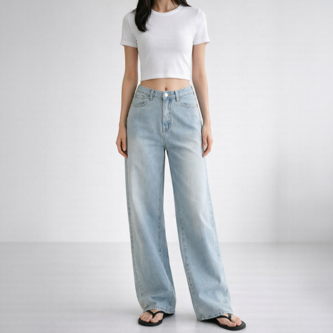 라라온 여성용 3단기장 하이웨스트 와이드 워싱 데님 팬츠 26TSP3885