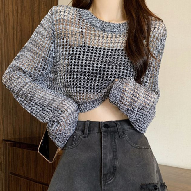 더플로우커머스 여성용 펀칭 시스루 루즈핏 니트 티셔츠