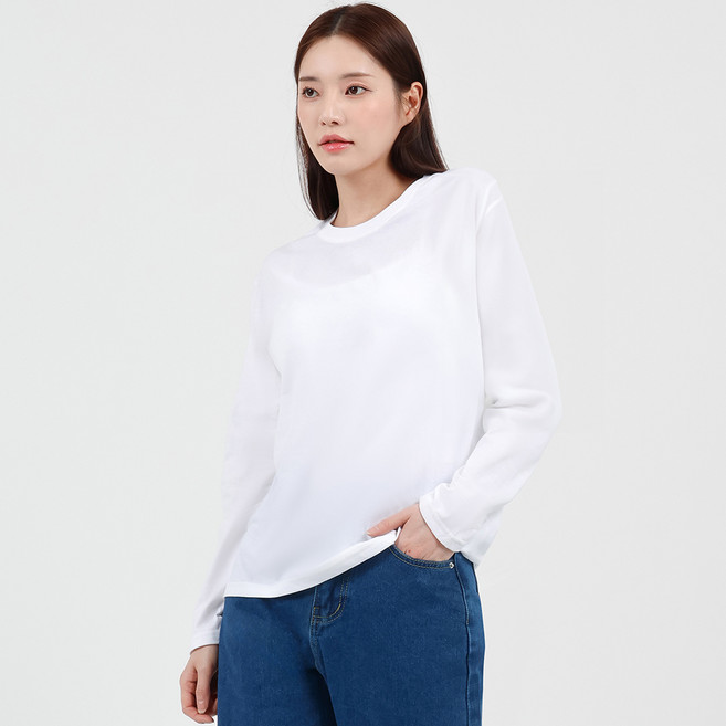 Elsso 女款透氣純棉日常素色基本款圓領長袖T恤