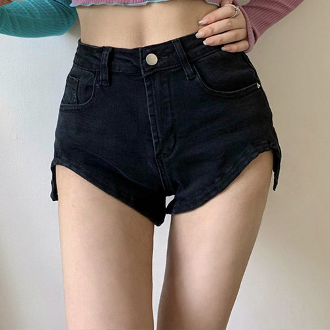 MMMII 女款下擺V字線條高腰牛仔熱褲 MMM356