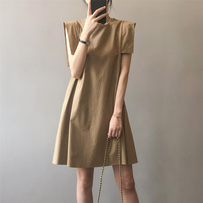 I'M MONG 女款 Mika A字迷你無袖連身裙, 米色