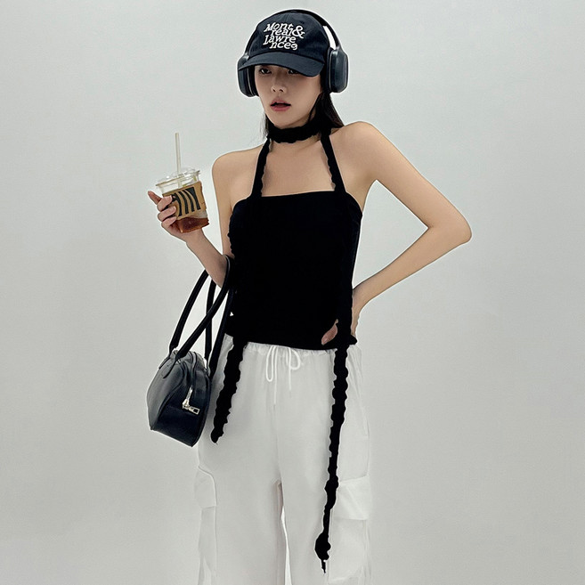 엘쏘 여성용 머플러 물결 셔링 튜브 탑 세트