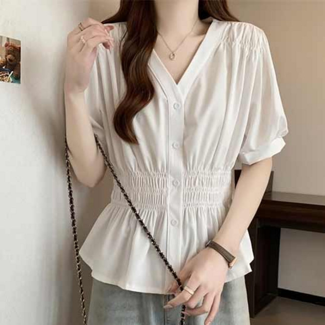 아이캔심플 여성 브이넥 셔링 페플럼 반팔 블라우스