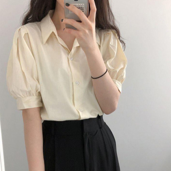 더시럽 여성용 심플 퍼프슬리브 반팔 셔츠