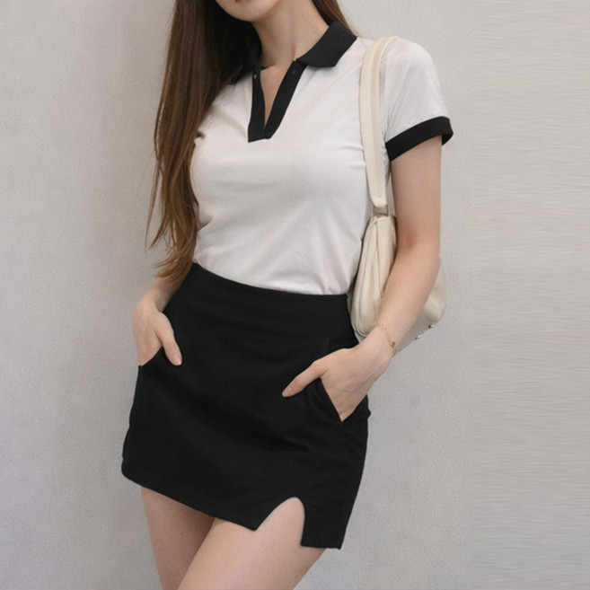 알로데 여성용 배색 카라 브이넥 반팔티