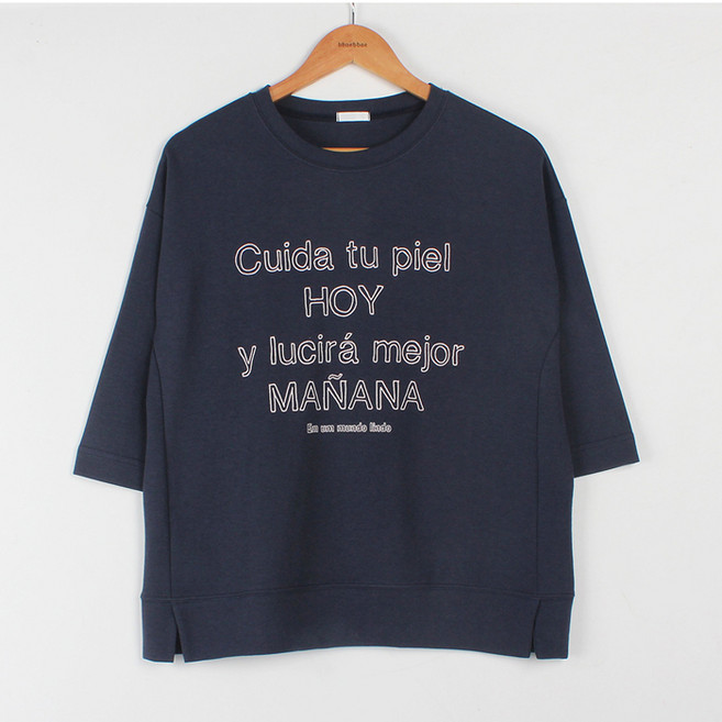 빼빼 여성용 라운드넥 슬릿 레터링 7부 티셔츠