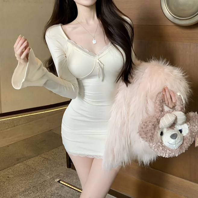 MarketA 女款V領蕾絲迷你連身裙, 象牙白