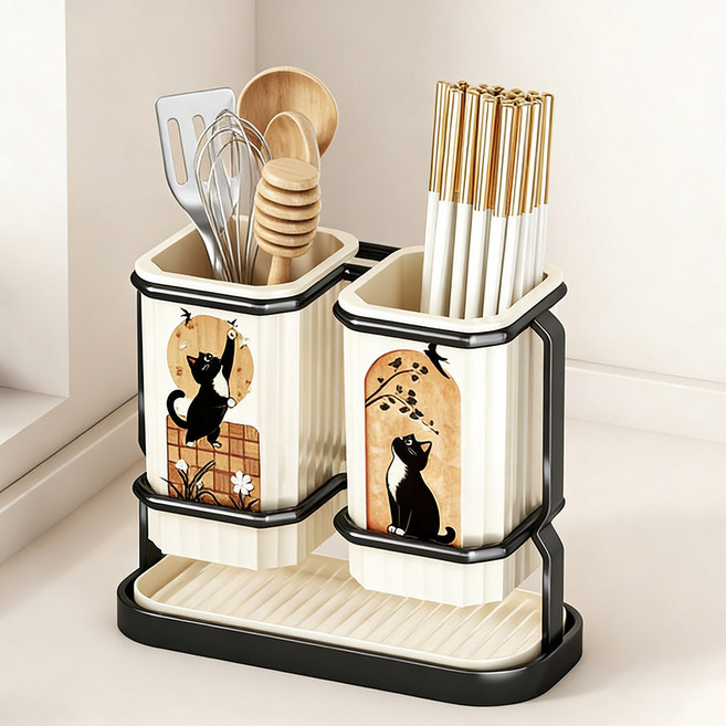 빈티지 물빠짐 조리도구 정리 무타공 더블 수저통, 아이보리, 1개