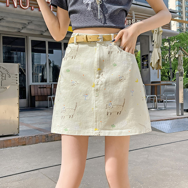 메이첼 파티캣 큐트 프린팅 A라인 미니 스커트 + 벨트 세트 10822