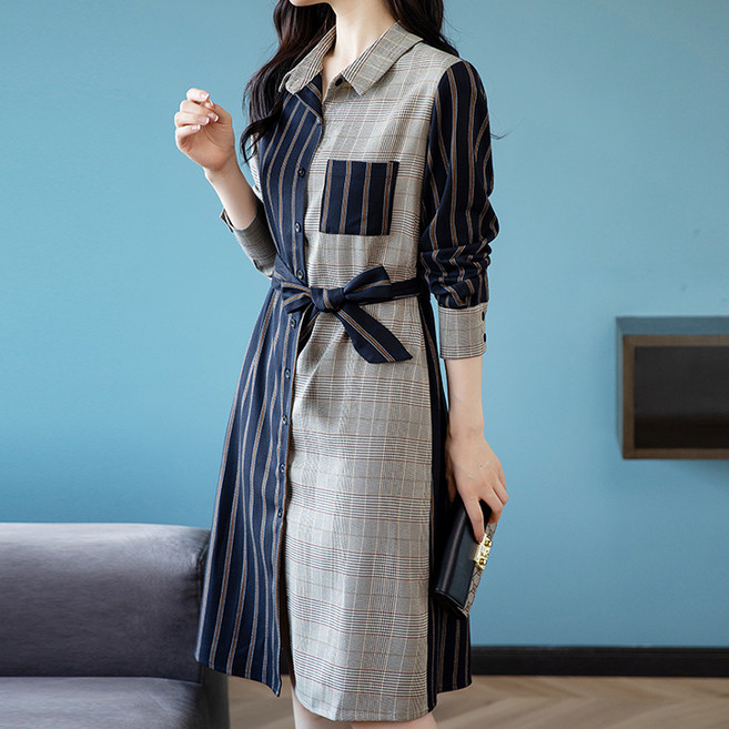 퀸이즈 여성용 하프 체크 벨티드 원피스