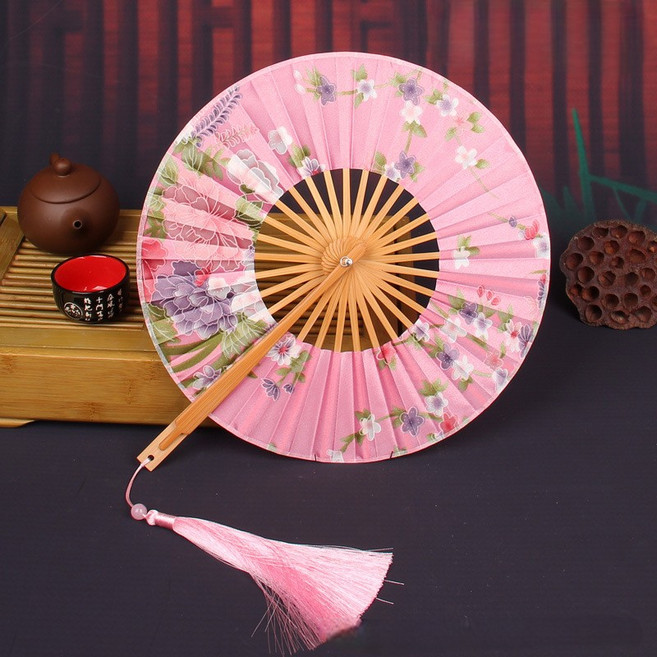 마켓피아 휴대용 접이식 원형 플라워 전통 부채, 3 핑크, 1개