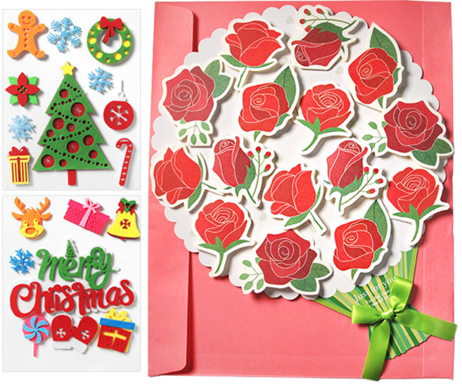 장미 꽃다발 롤링 편지지 + 크리스마스 부직포 스티커 2p 세트, 랜덤발송, 1세트