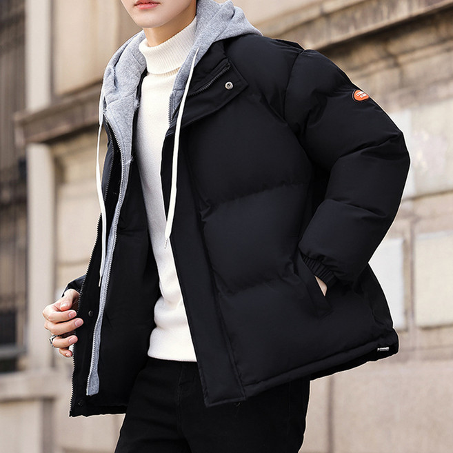 엘쏘 남녀공용 페이크 투피스 후드 쇼트 패딩 점퍼