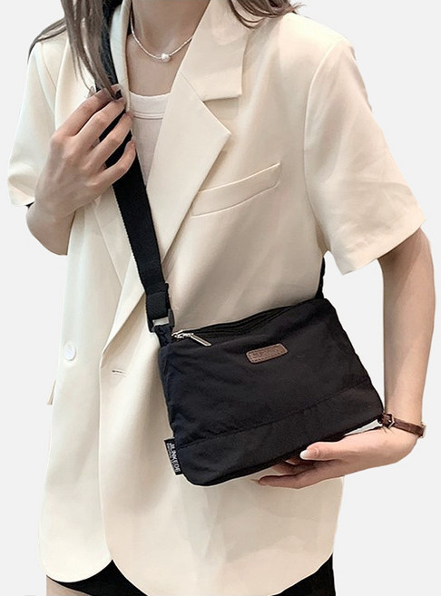 MISS BAEK 女用三用分隔收納尼龍抽繩斜揹包, 黑色