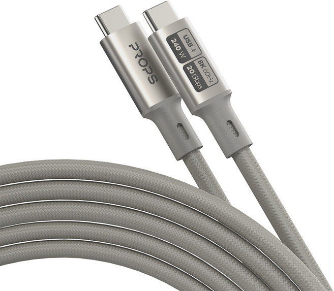 PROPS Type C to Type C 快速充電線 USB4 PD3.1 240W 20Gbps 8K 60Hz, 1個, 1.8m, 鈦銀色