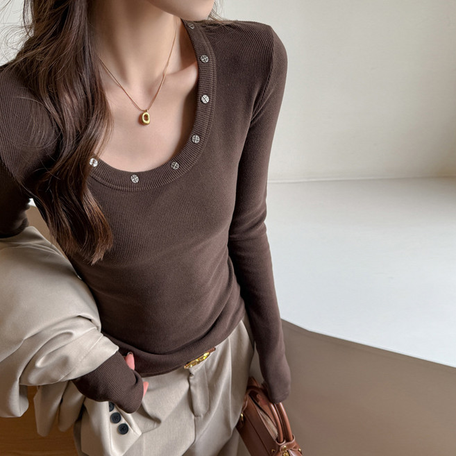 디멜디 여성용 유넥 데일리 슬림핏 긴팔티셔츠