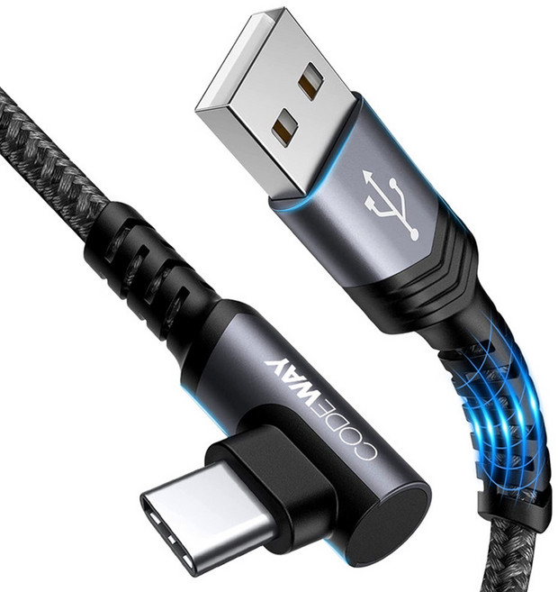 CODEWAY 90度 USB A to USB C 快充充電線, 2m, 黑色, 1條