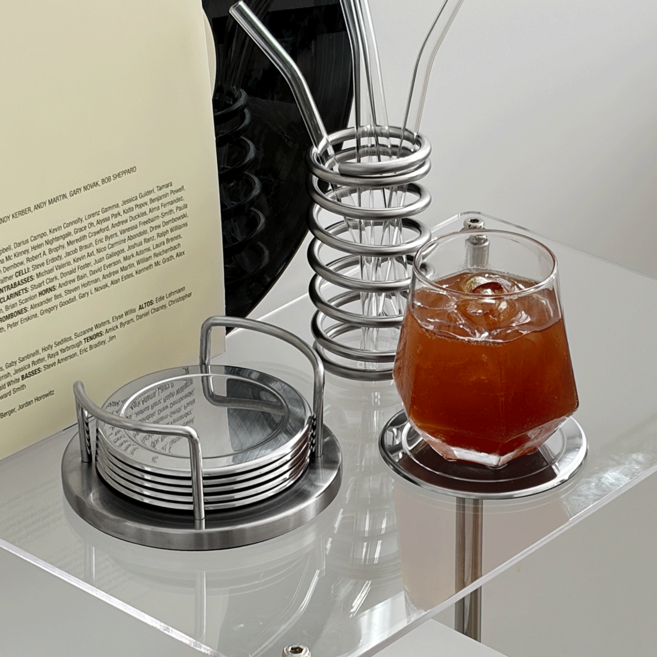 데미무드 올라운드 원형 스텐 티코스터 6p + 거치대 세트, 실버, 1세트