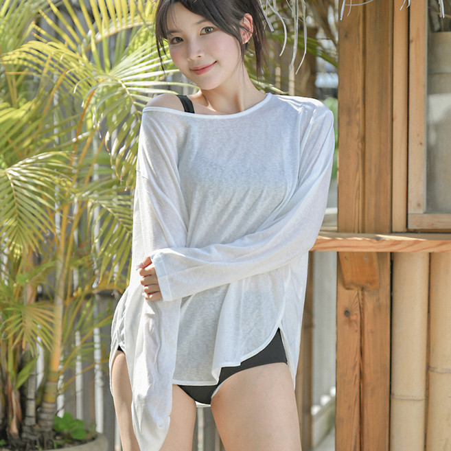 CocoDream 比基尼罩衫 寬鬆透視T恤 海灘裝 YU6945, 白色
