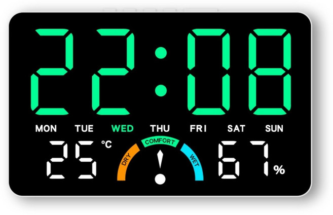 Couselect 居家溫濕度LED電子鐘 簡約大屏掛立兩用 多功能床頭鬧鐘, 白殼綠燈 數位式
