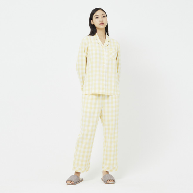 JAJU 여성용 통기성 21수 플란넬 체크 파자마 면 상하의 세트