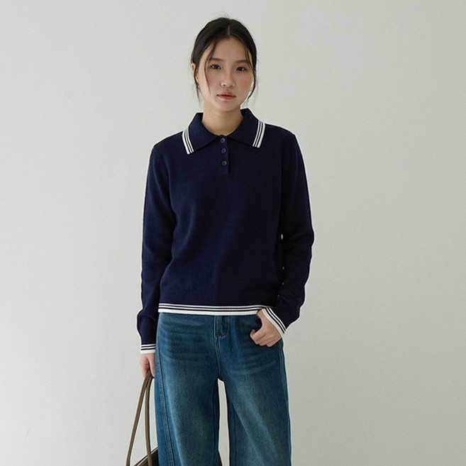 타니즈 여성용 티에른 배색 카라넥 긴팔 니트 티셔츠