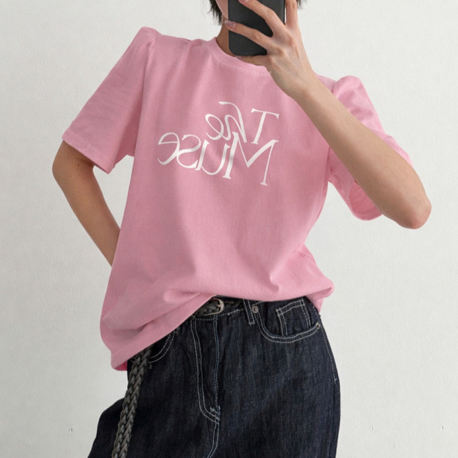 라라온 여성용 라운드넥 퍼프 레터링 반팔 티셔츠 26TSP3778