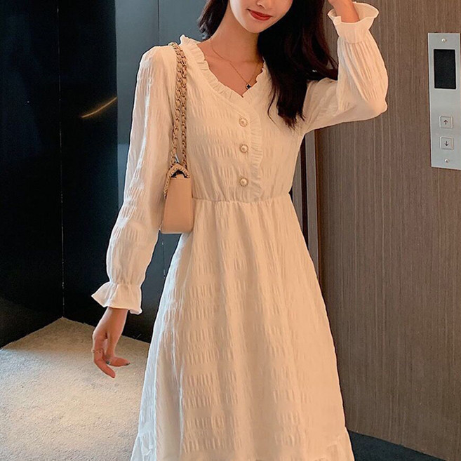 Goodif 女款可愛抓皺荷葉邊V領洋裝, 白色