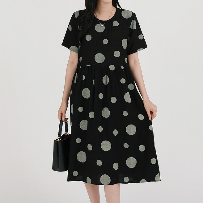 페이릿 여성용 도트패턴 라운드넥 스트링 롱원피스