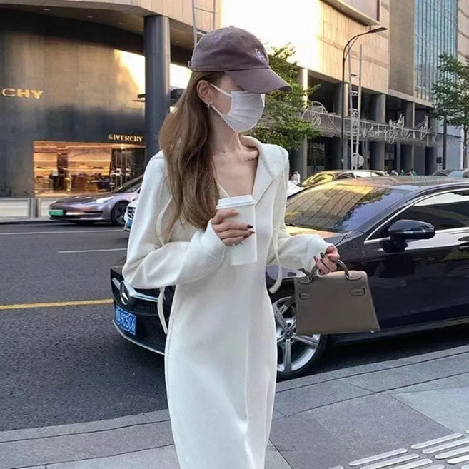 PEONIST 連帽領運動風H字型長版連身裙, 白色