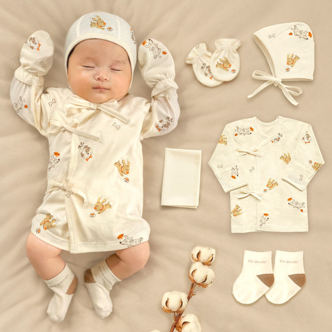 ikii 신생아용 오가닉 강아지 배냇저고리 긴소매 5종 출산 선물세트