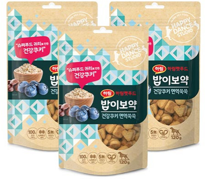 하림펫푸드밥이보약 하림펫푸드 강아지 건강 쿠키, 면역쑥쑥, 120g, 3개