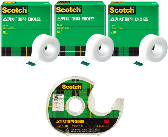 쓰리엠 스카치 매직 테이프 리필 810 12mm x 18m 3p + 디스펜서 810D 12mm x 20m, 혼합색상, 1세트