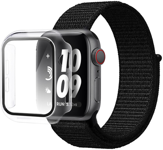 아이몰 애플워치 벨크로 루프 밴드 + 투명 프레임 케이스 38mm, 블랙 (밴드) + 투명 (케이스), 1개