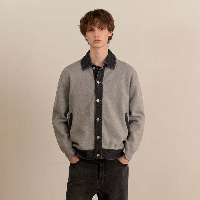 MIND BRIDGE 男士牛仔撞色翻領半寬鬆版開襟衫 MZCD6101